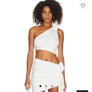 LOVERS + FRIENDS X MAGGIE MACDONALD CORDELIA TOP AND SKIRT SET IN WHITE.